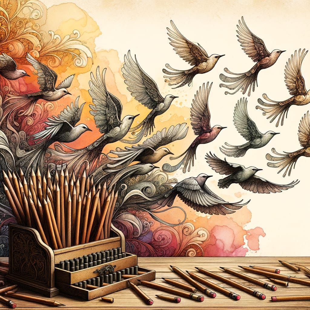 Antique Pencils Transform into Art Nouveau Birds