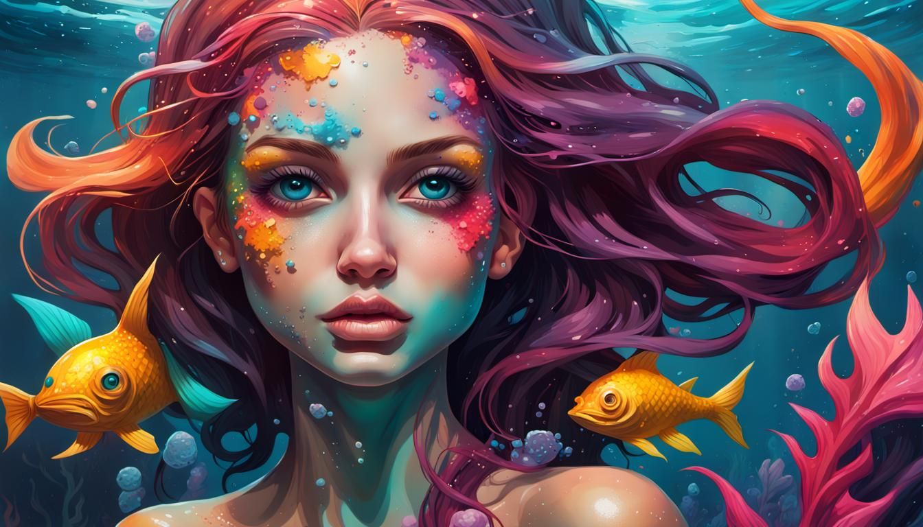 Mermaid Princess in Colorful Ocean Graffiti Art