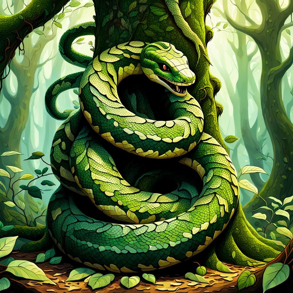 Whimsical Leaf Serpent Coils Around Mossy Tree Trunk in Vibr...