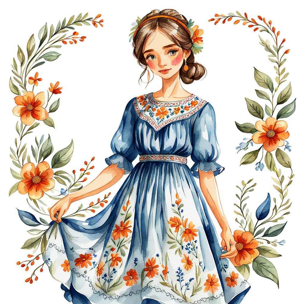 Girl with Domra in Digital Watercolor Sketch