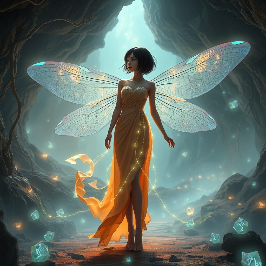 Woman with Dragonfly Wings in Bioluminescent Cavern