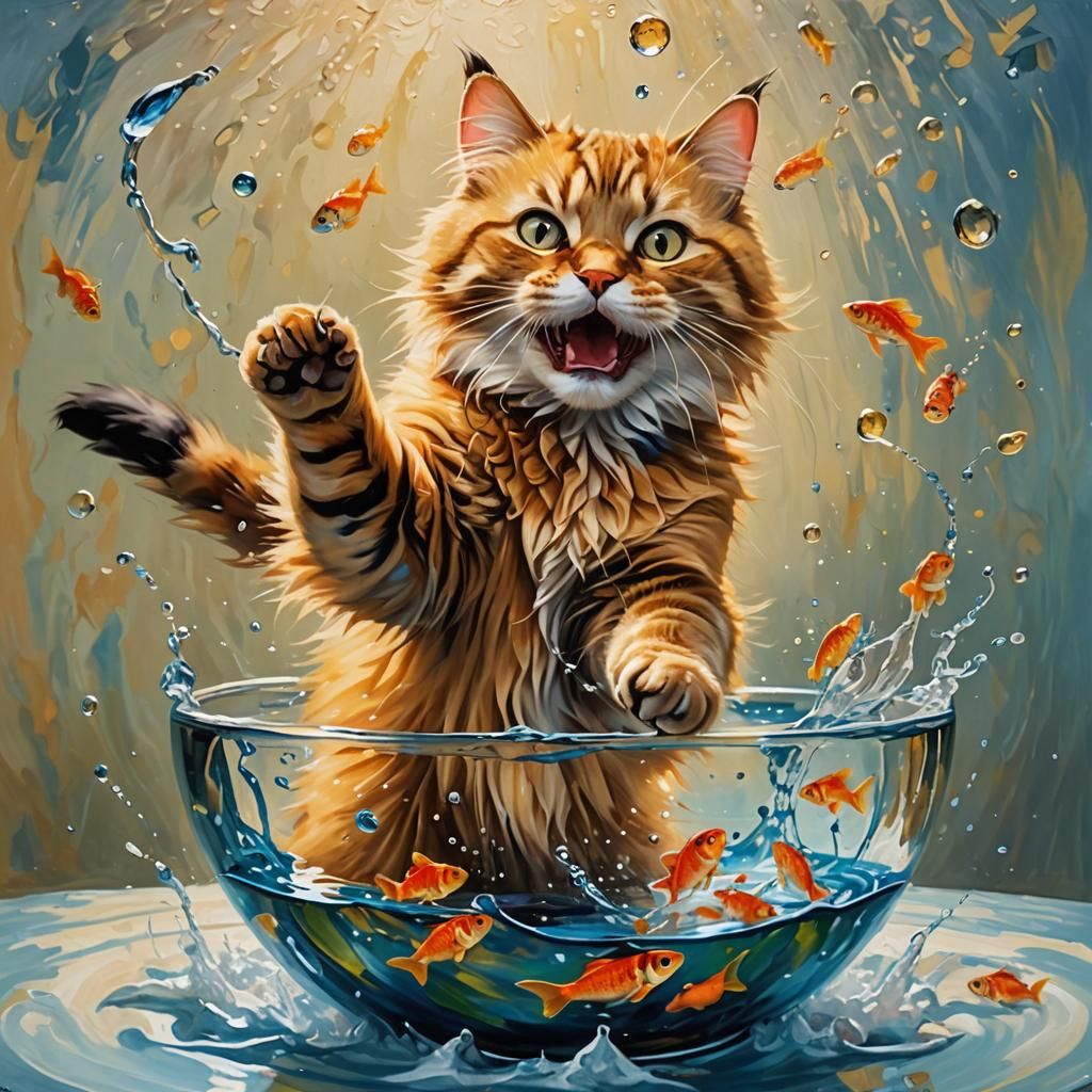 Cat Pouncing on Fish in Bowl: Impasto Oil Painting