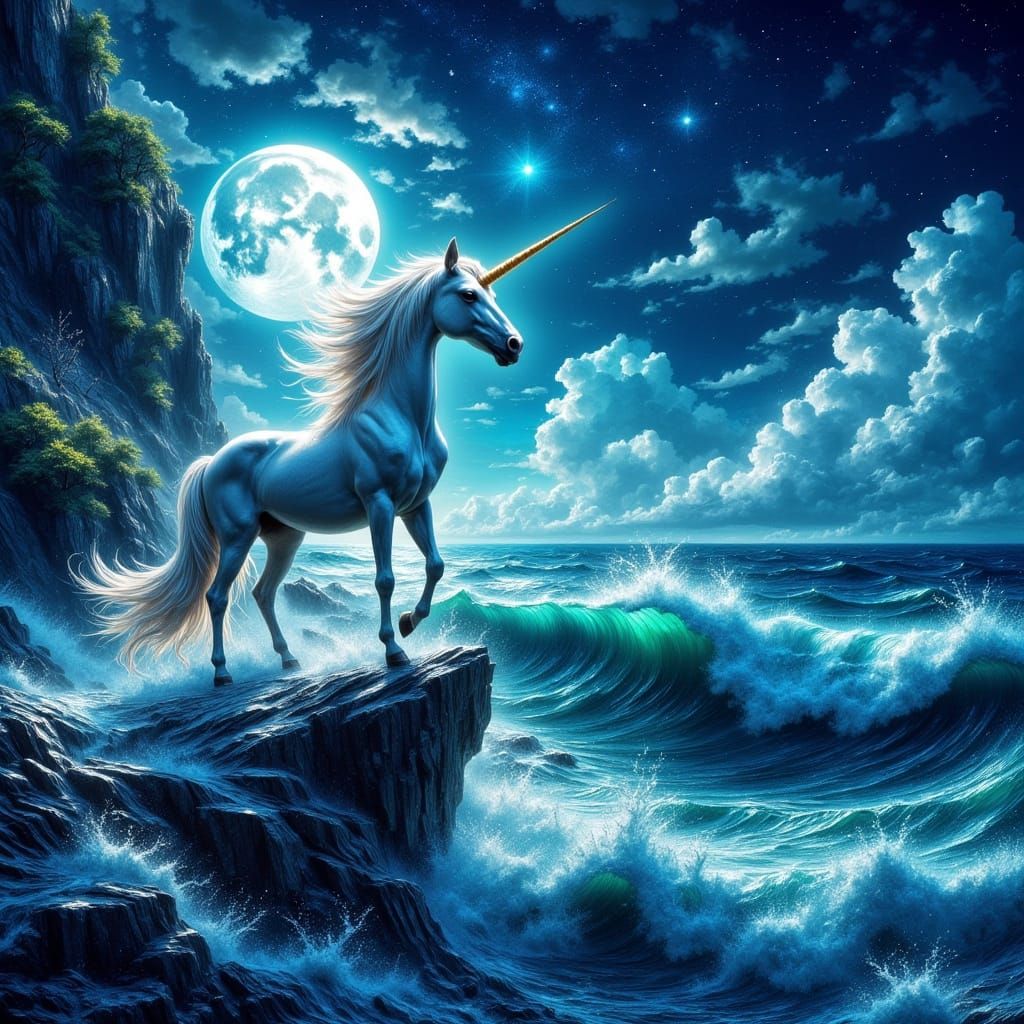 Majestic Unicorn on Cliffside Under Full Moon