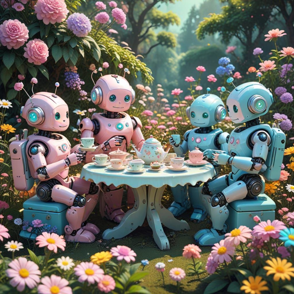 Pastel Robots Tea Party in Kawaii Style