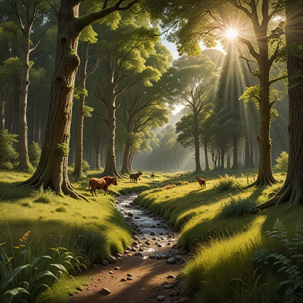 Sunlit Meadow and Forest Stream Landscape
