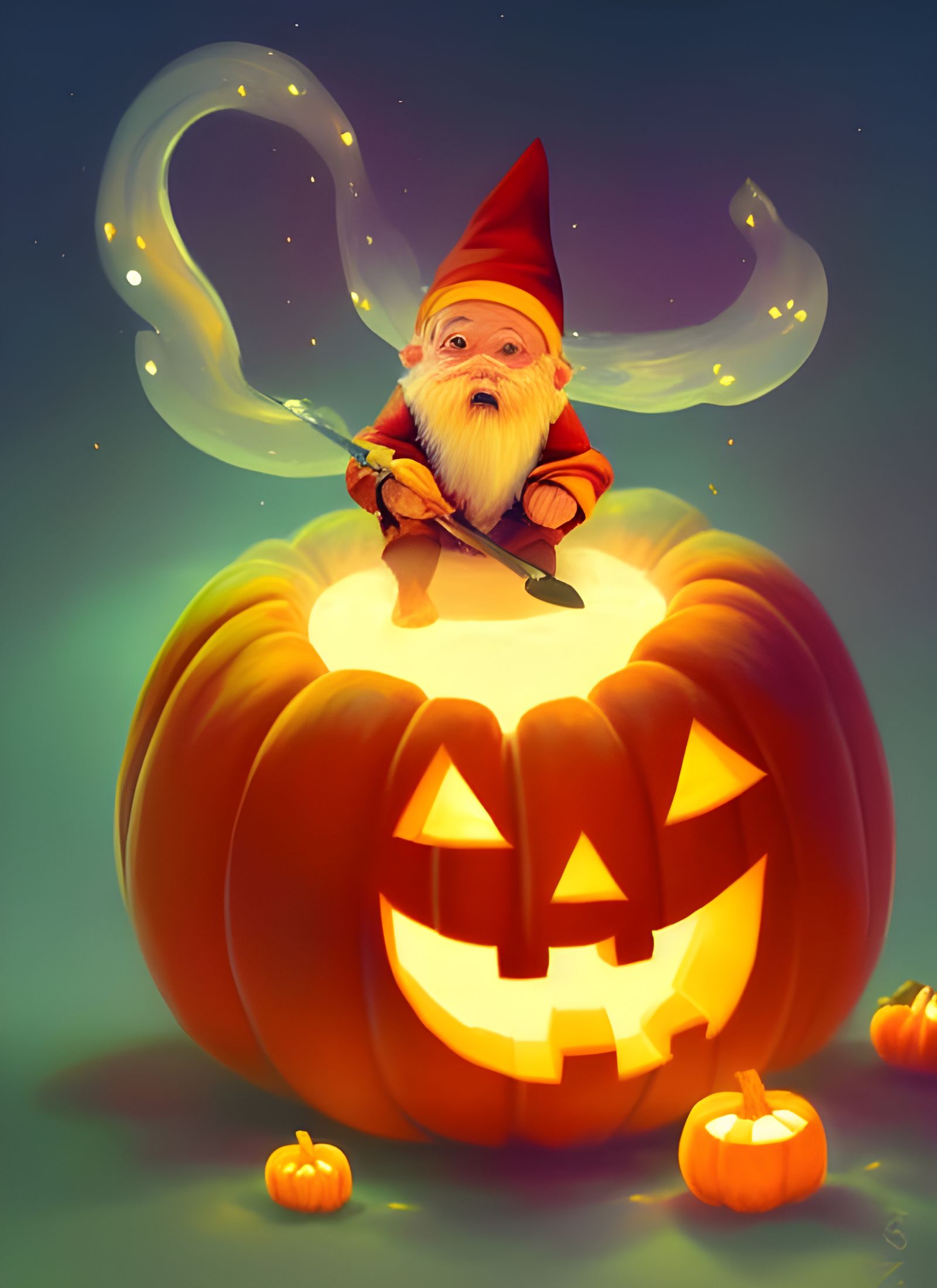 Adorable Gnome with Crystals on Pumpkin, Digital Art