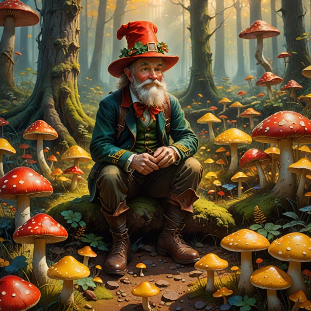 Whimsical Leprechaun Among Vibrant Mushrooms in Thomas Kinka...
