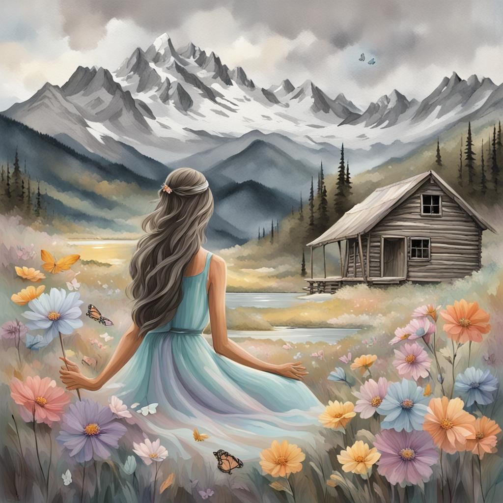 Pastel Woman in Grayscale Landscape with Butterflies