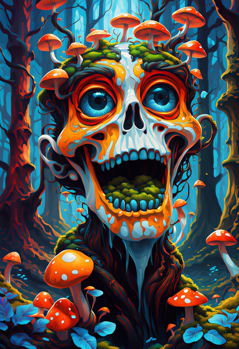 Mystical Forest Popart Illustration in Vibrant Triadic Color...