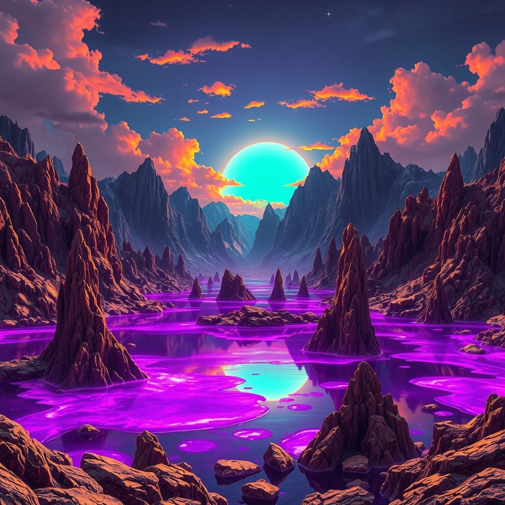 Extraterrestrial Landscape with Mercury Lake in Dark Fantasy...