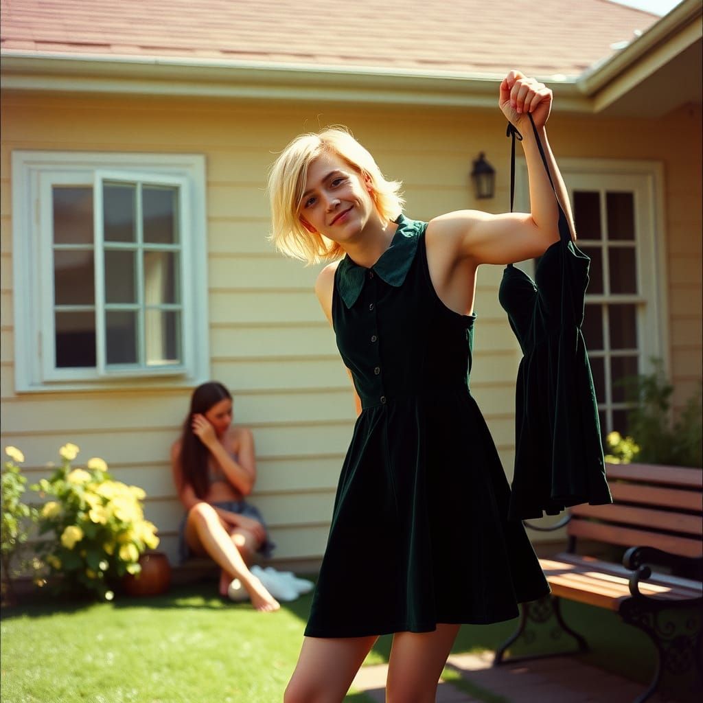 Teenager Hanging Dresses in a Sun-Drenched Backyard