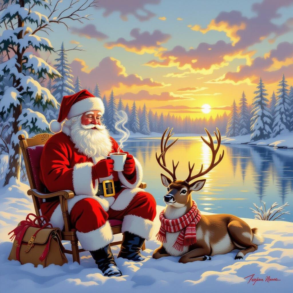 Santa Claus Enjoys Hot Chocolate by Frozen Lake