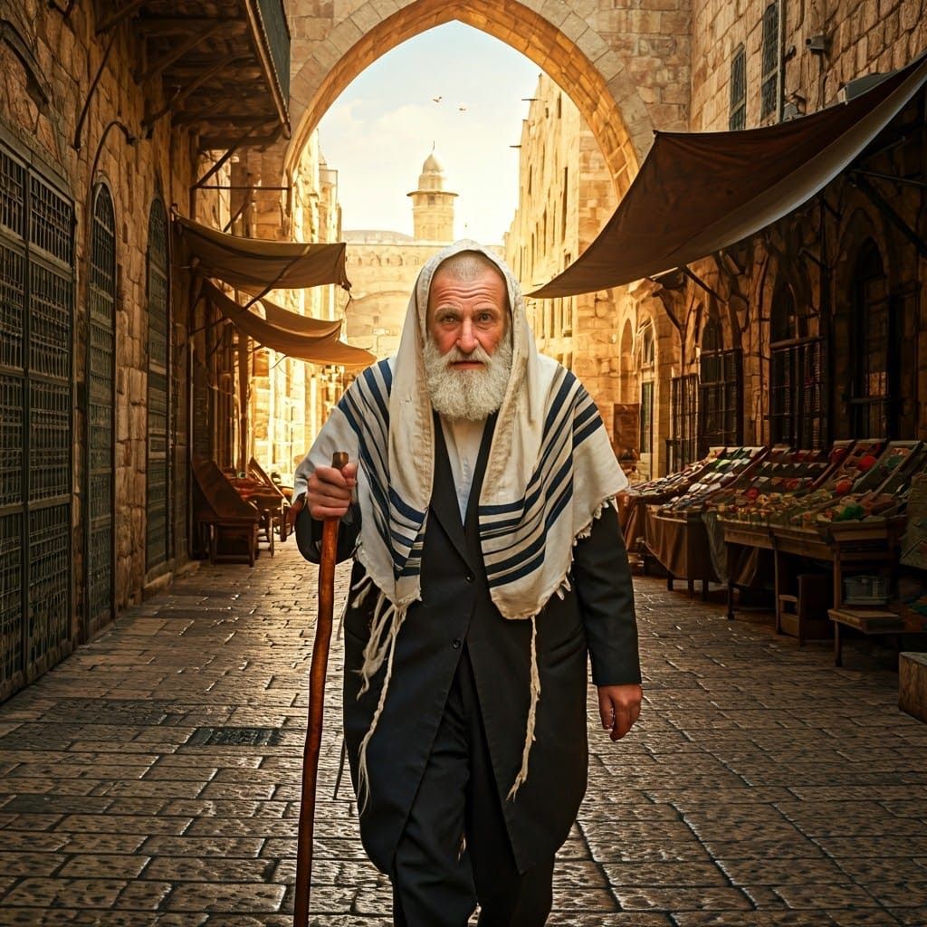 Elderly Man Walks in Jerusalem's Ancient Streets