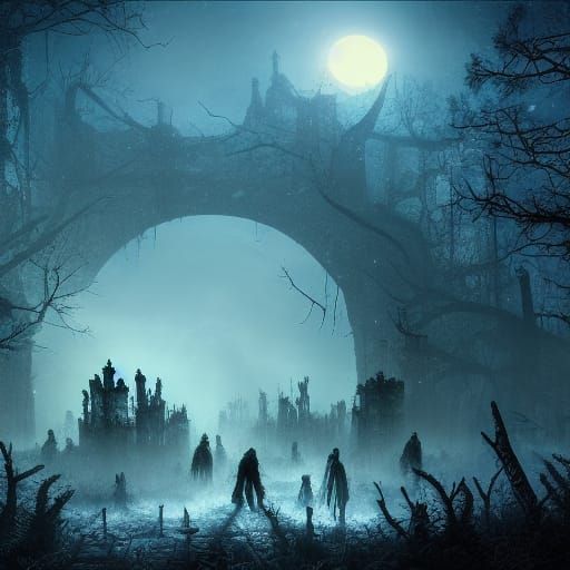 Eerie Moonlight Zombies in Overgrown Ruins