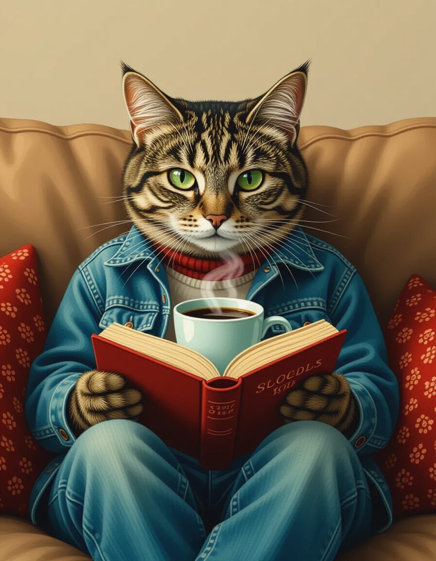 Anthropomorphic Cat Reading Book on Couch Digital Painting