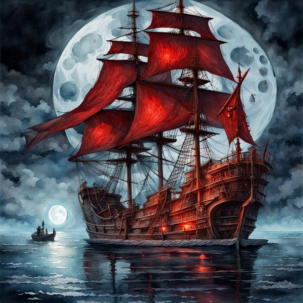Haunted Ship Sails Calm Waters: Watercolor Fantasy