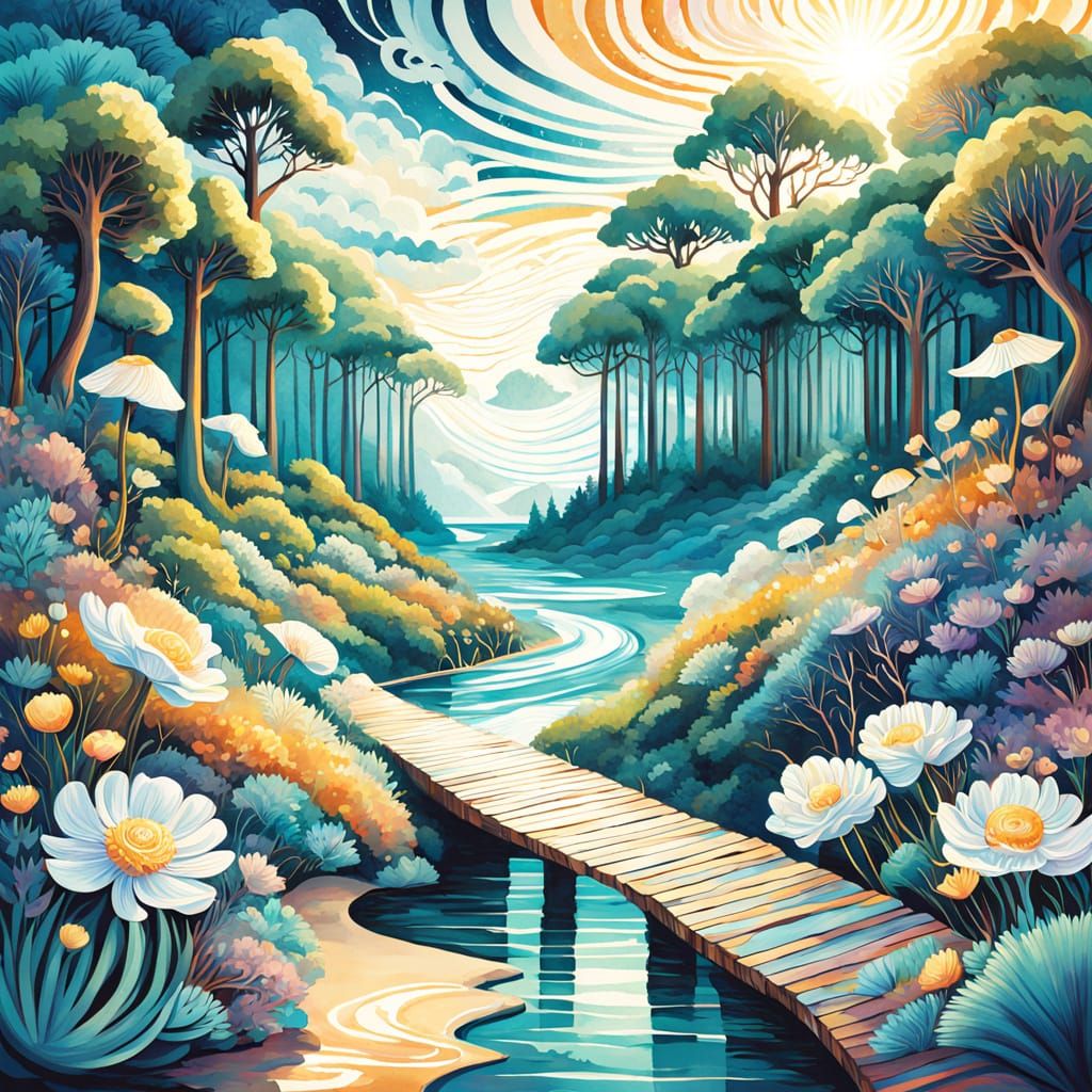 Surrealist Seaside Landscape with Winding Bridge and Glowing...