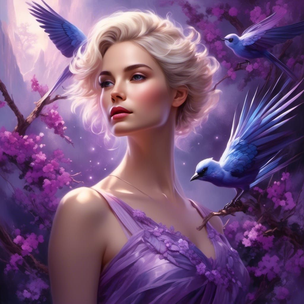 Elegant Woman Surrounded by Purple Magpie-Jays