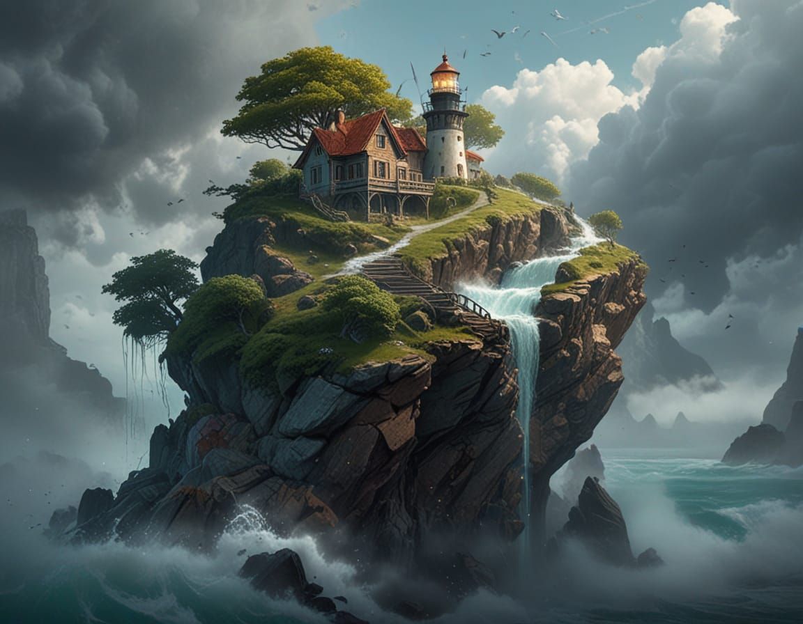 Mystical Hillside Lighthouse in Eerie Fog