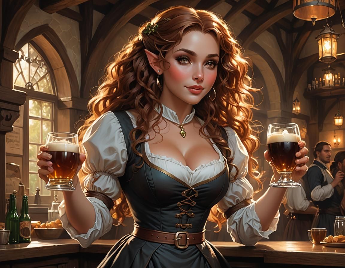 Medieval Elf Waitress in Smoky Inn, Detailed Painting