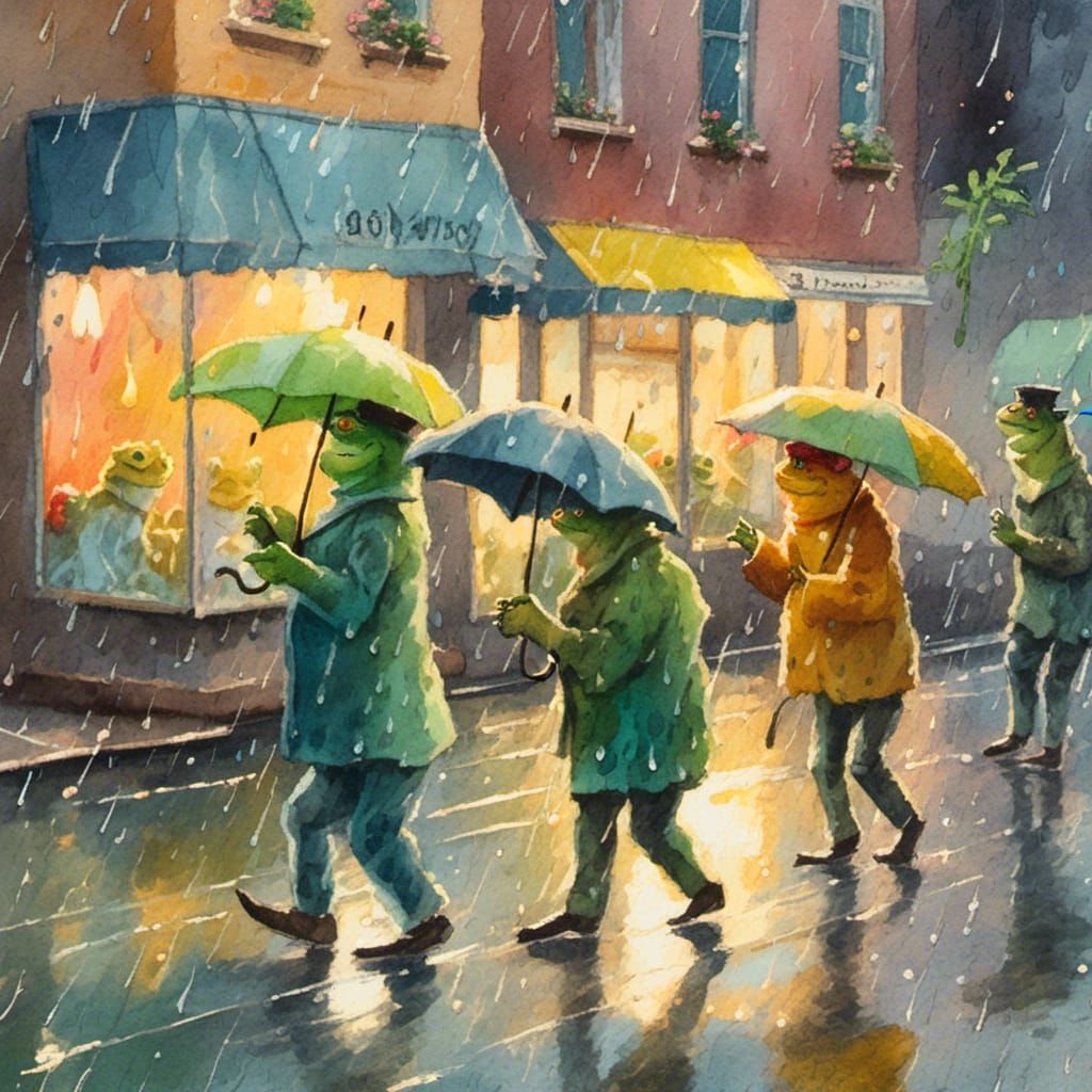 Frogs Dancing in Rain: Impressionistic Watercolor Art
