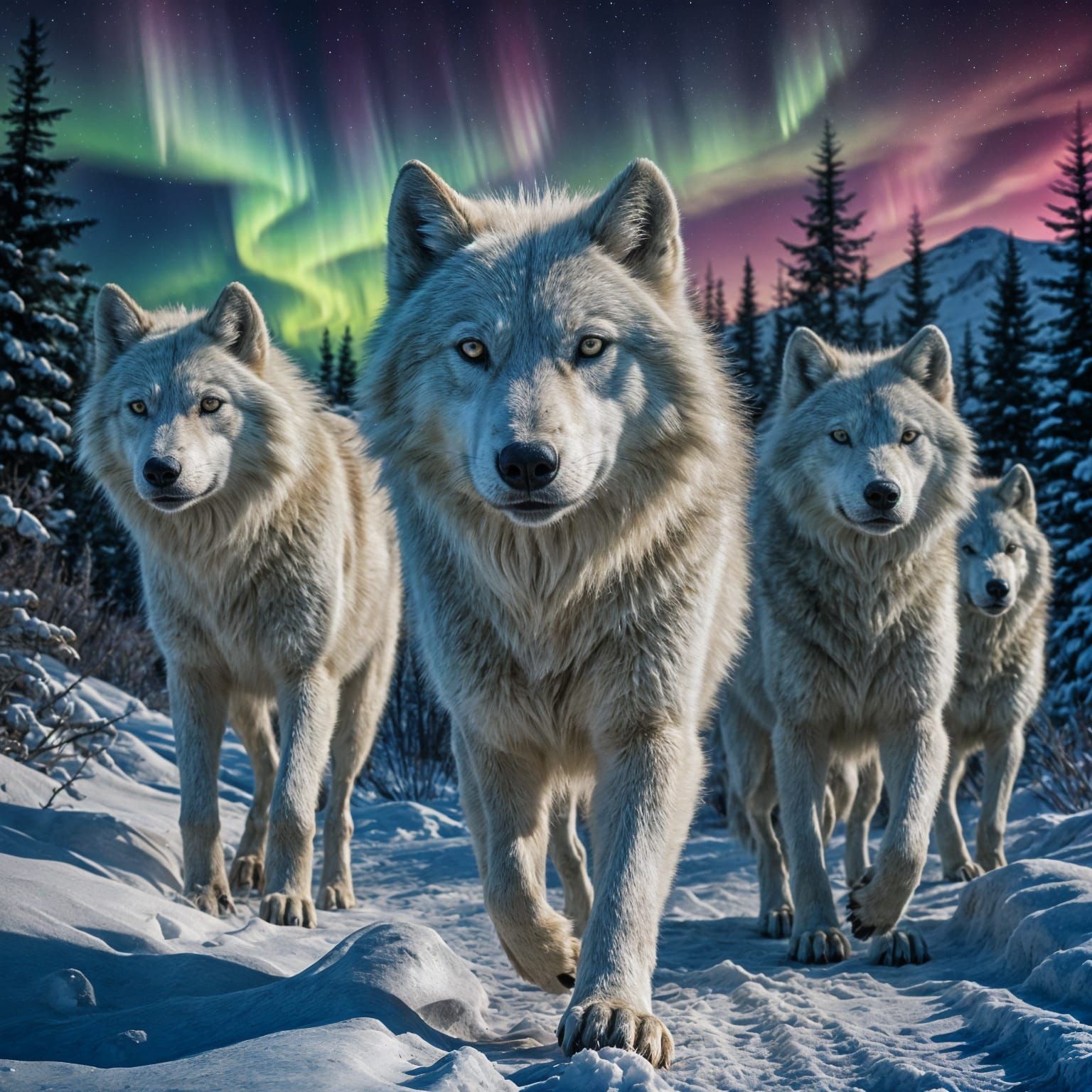 Arctic Wolf Pack Howling at the Moon