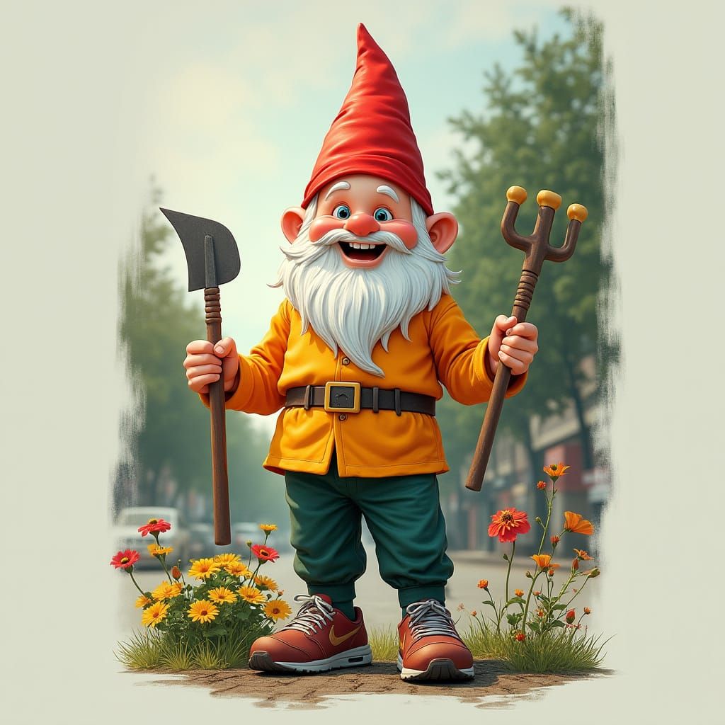 Cheerful Garden Gnome with Tools in Double Exposure