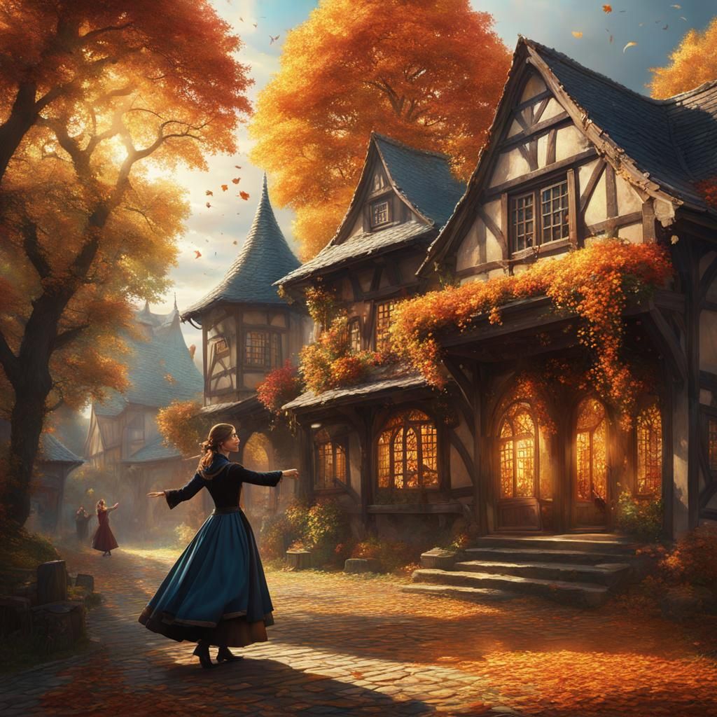 Autumn Leaves Form Cat Shape in Medieval Town