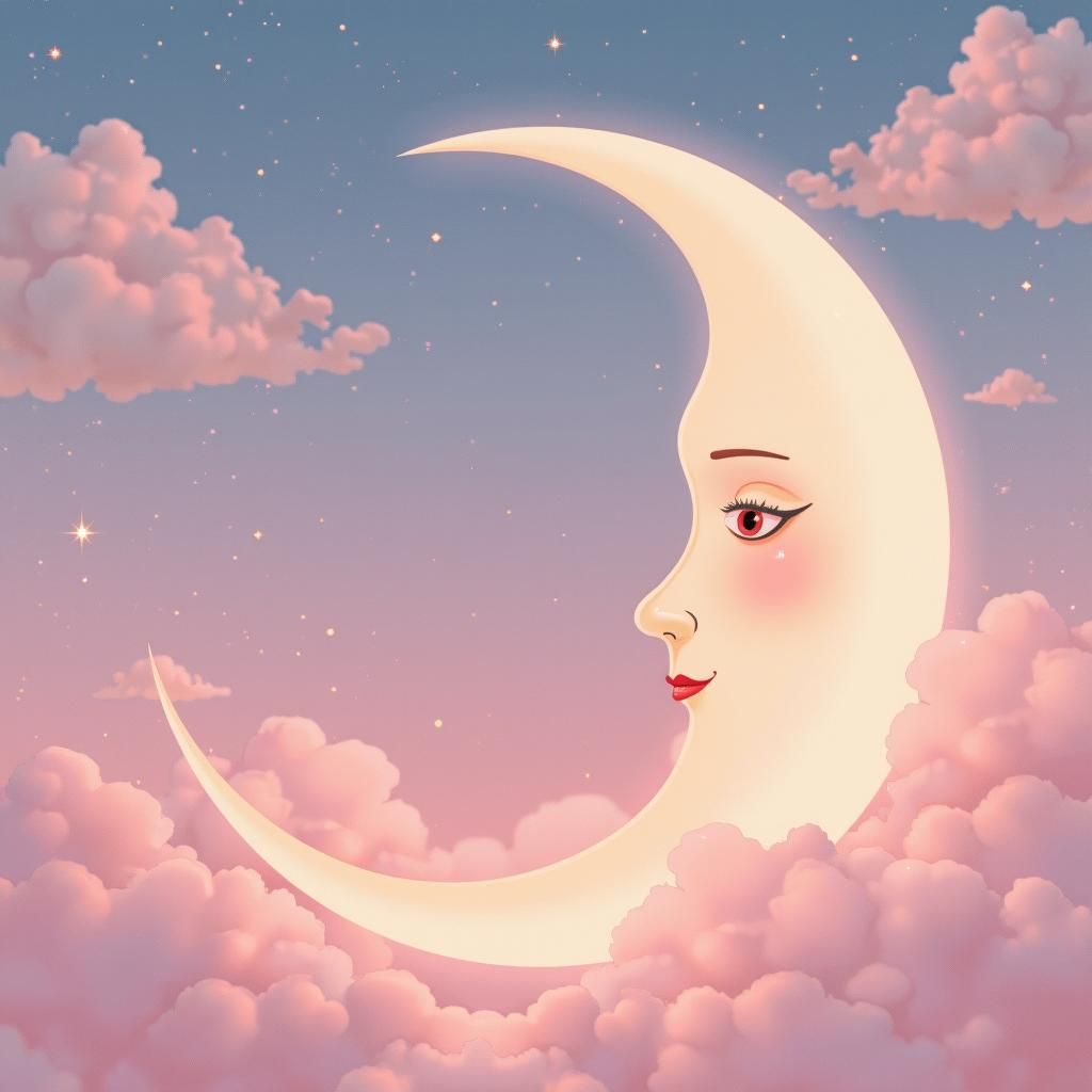 Dreamy Crescent Moon Face in Pastel Pink Sky