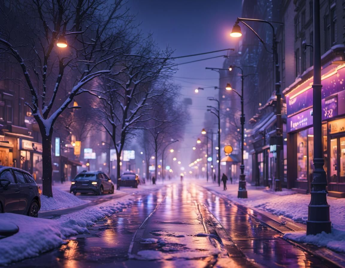 Winter Town at Purple Hour in Hyperrealistic Style