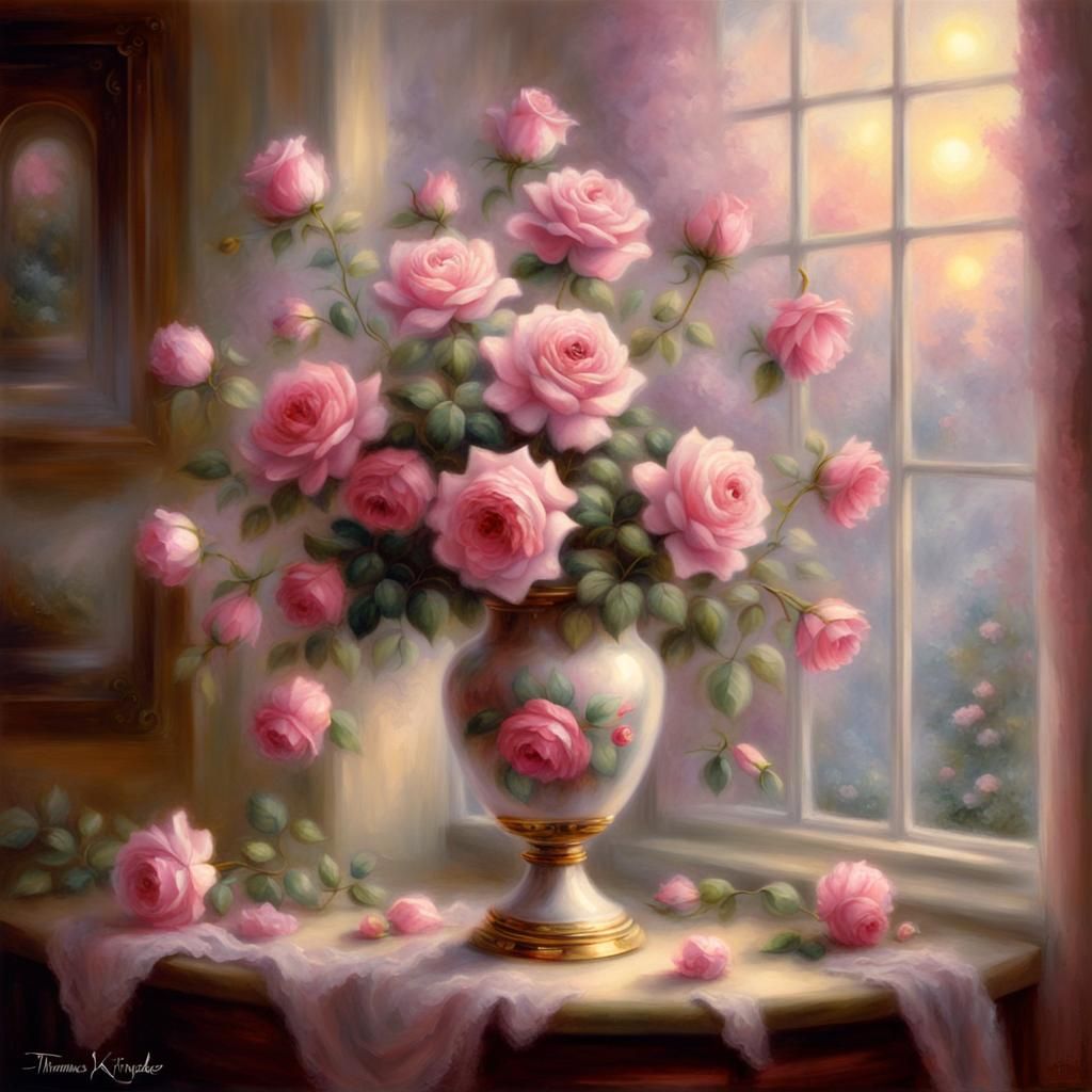 Pink Roses in Vase: Ethereal Fantasy Art