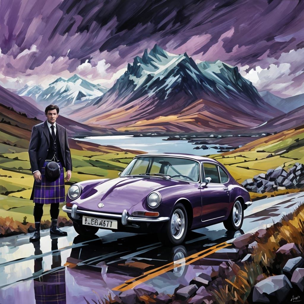 Purple Tartan Sports Car in Scottish Highlands