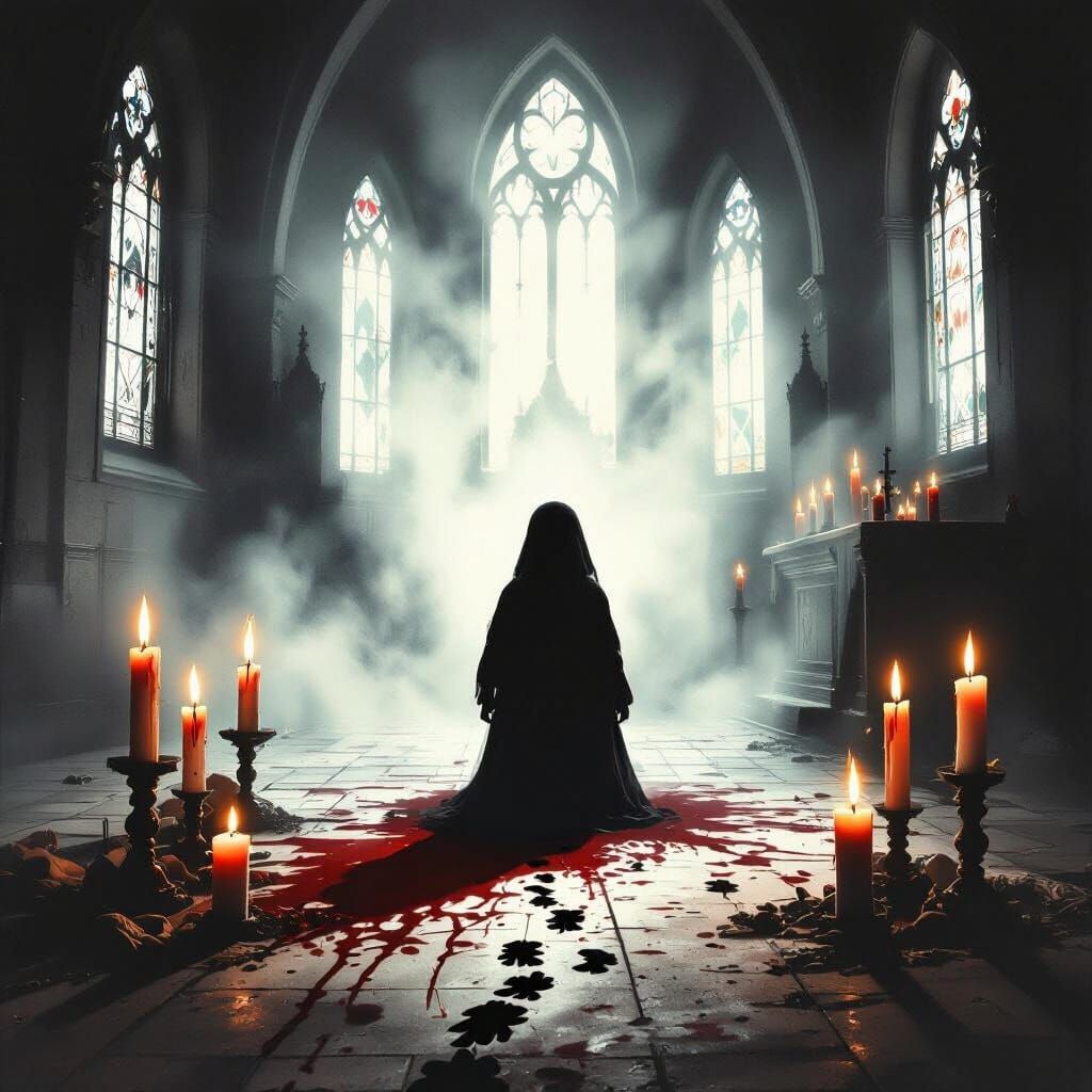 Demonic Child Emerges from Shadows in Gothic Church