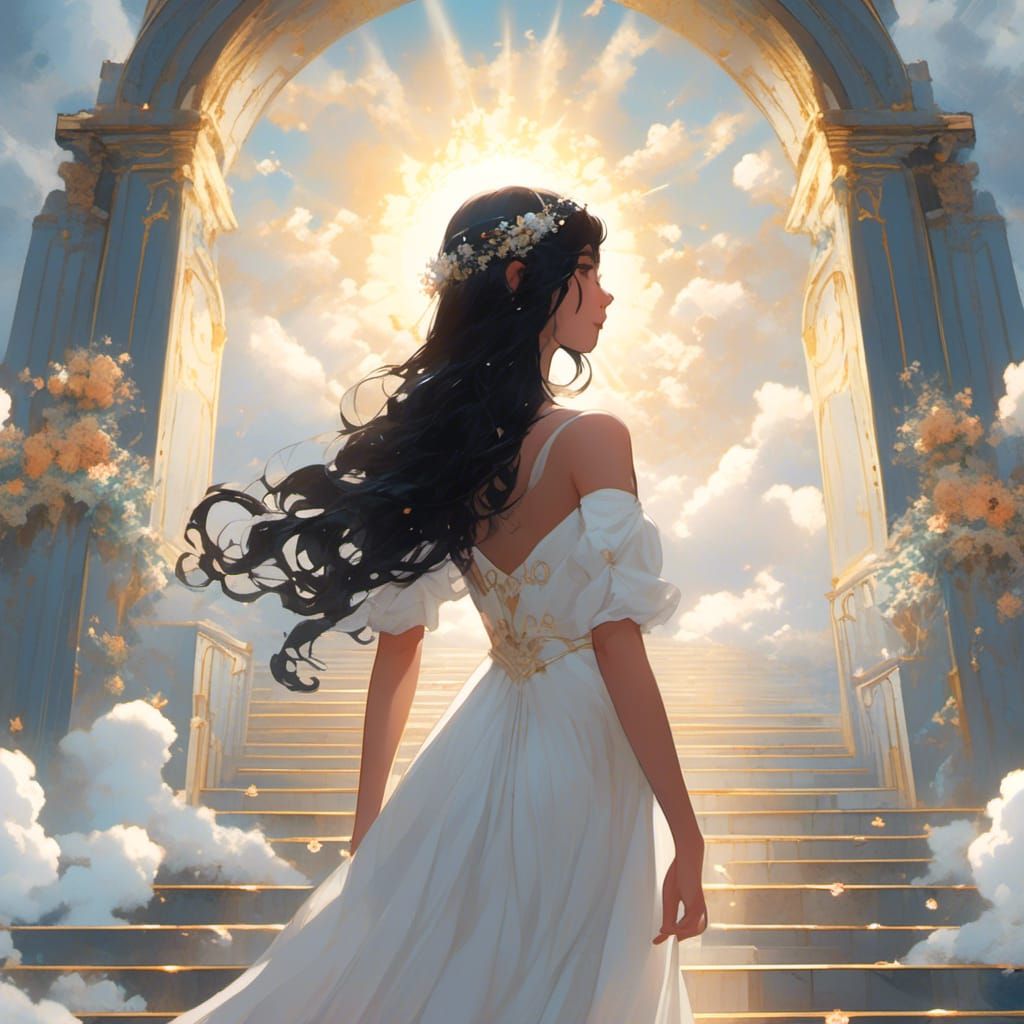 Girl in White Dress Approaching Heavenly Gates