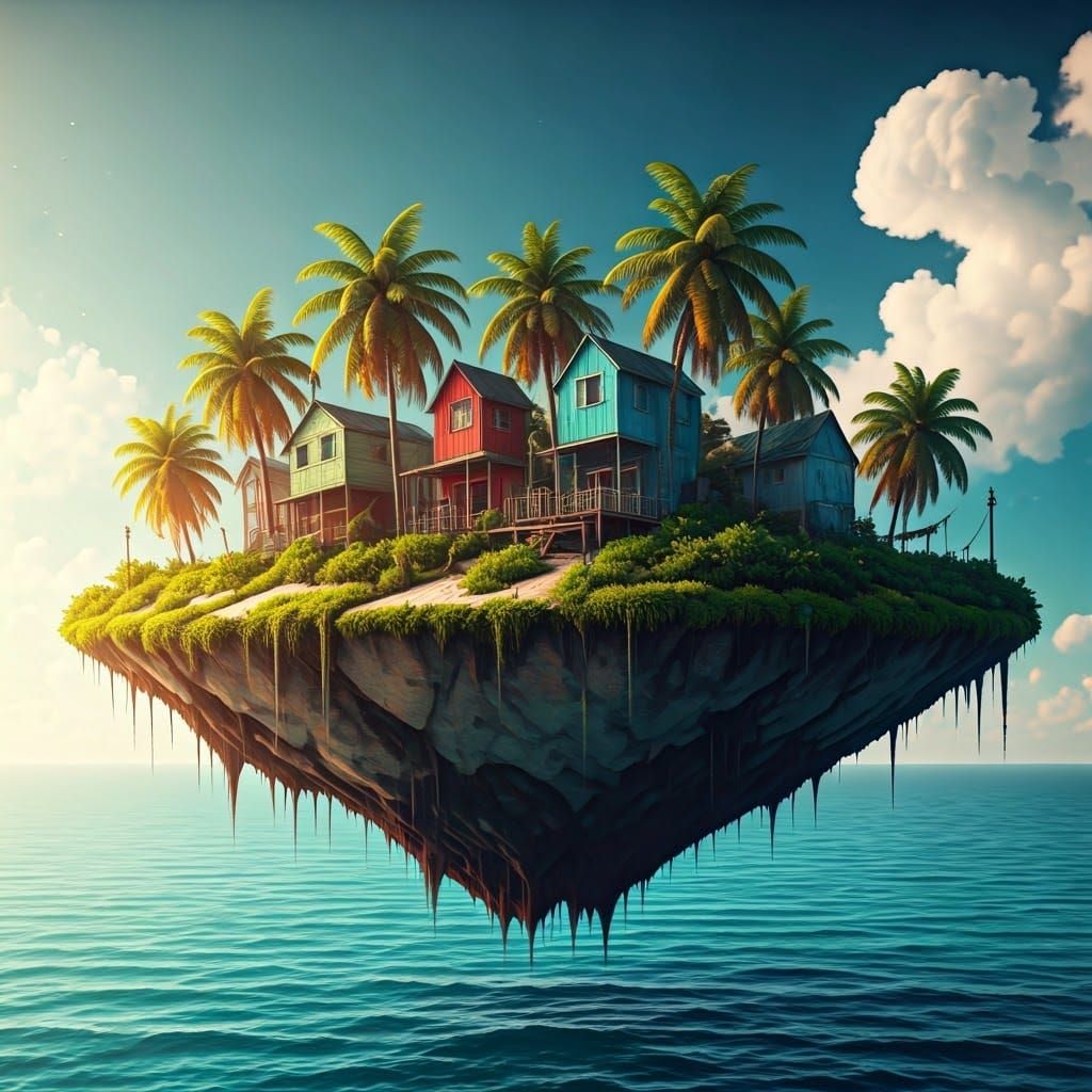 Caribbean Island Suspended in Air, Hyperrealistic 8K