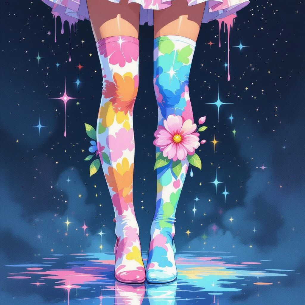 Holographic Watercolor Thigh High Socks with Flower
