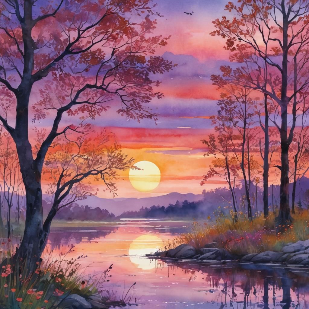 Ethereal Nightingale Plays on Misty Lake Shore as Watercolor