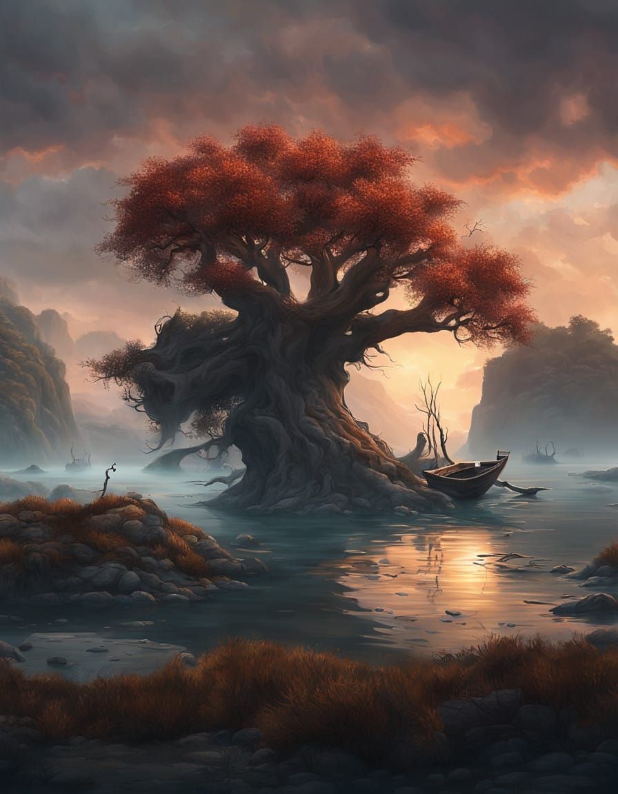 Twisted Tree Silhouette Over a Haunting Lagoon in an Eerie S...