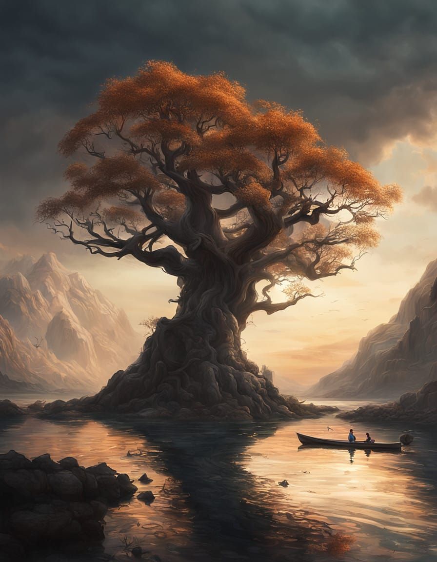 Twisted Tree Silhouetted Against a Vibrant Sunset