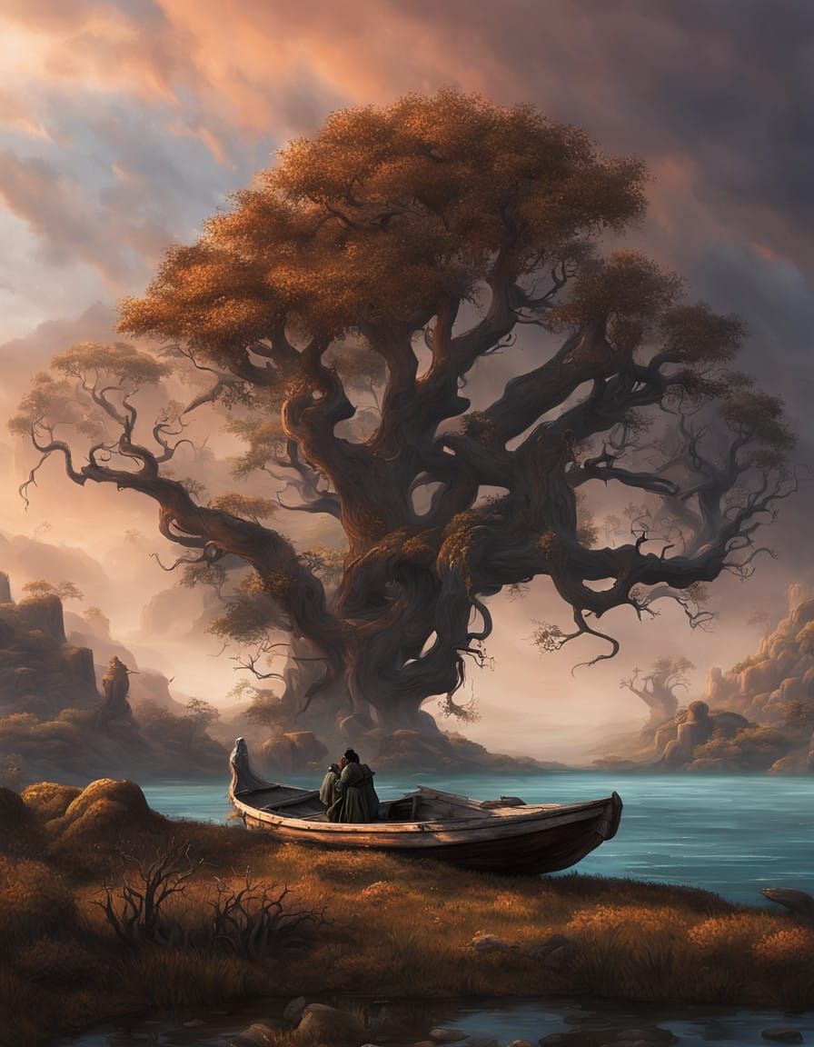 Majestic Tree Silhouette in a Surreal Lagoon