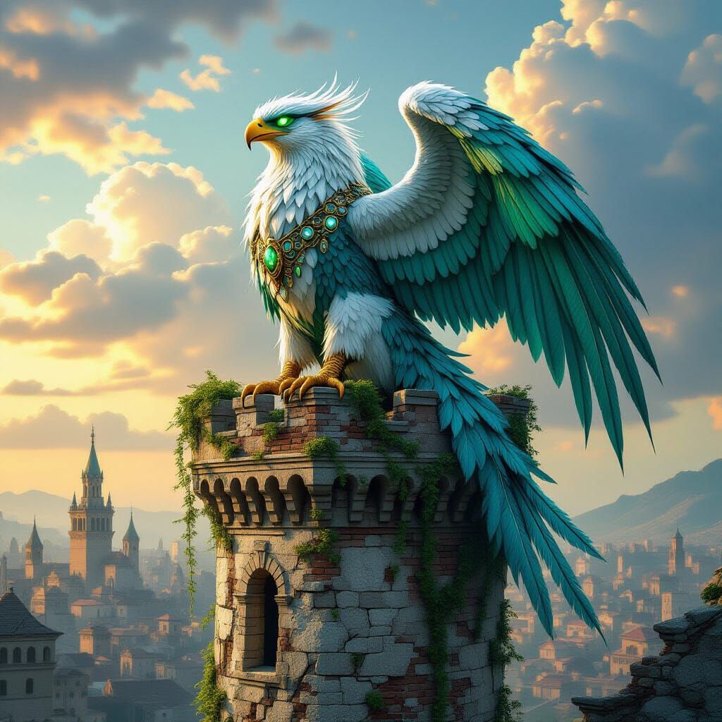 Jade Griffin on Forgotten Tower in Dark Fantasy Style