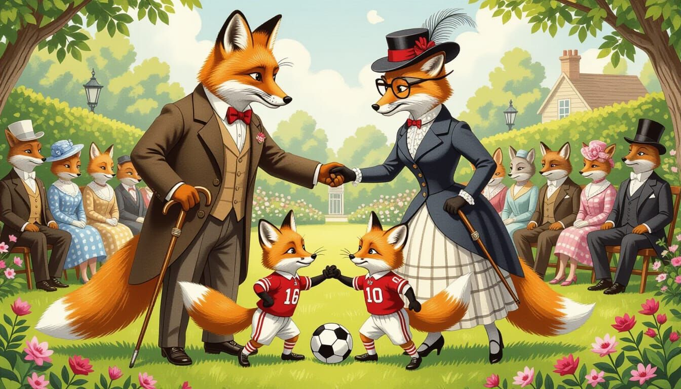 Whimsical Fox Family Garden Illustration