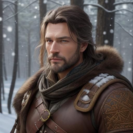 Handsome Medieval Hunter in Snow Forest, Photorealistic Port...