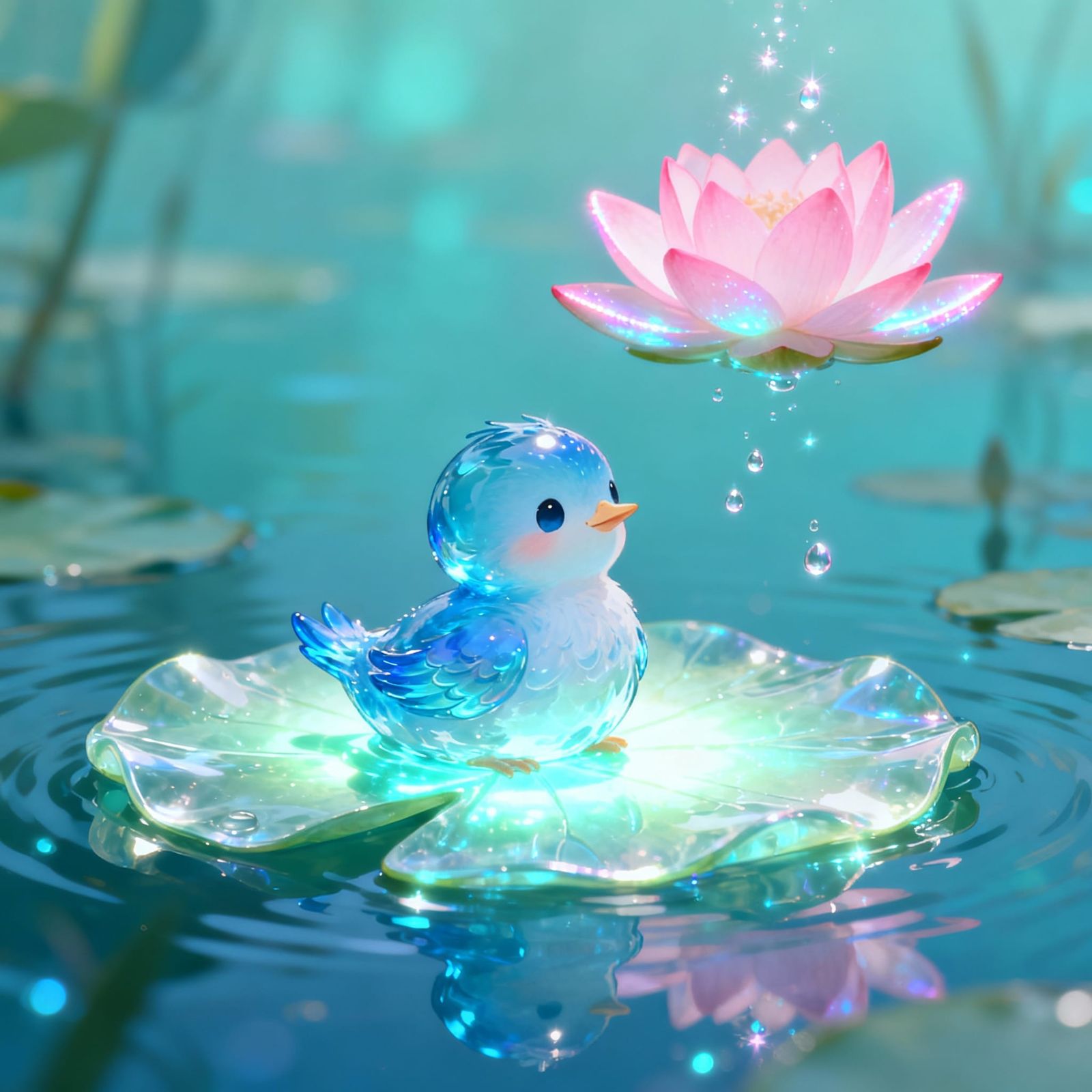 Cute Water Bird Spirit on Glowing Lily Pad