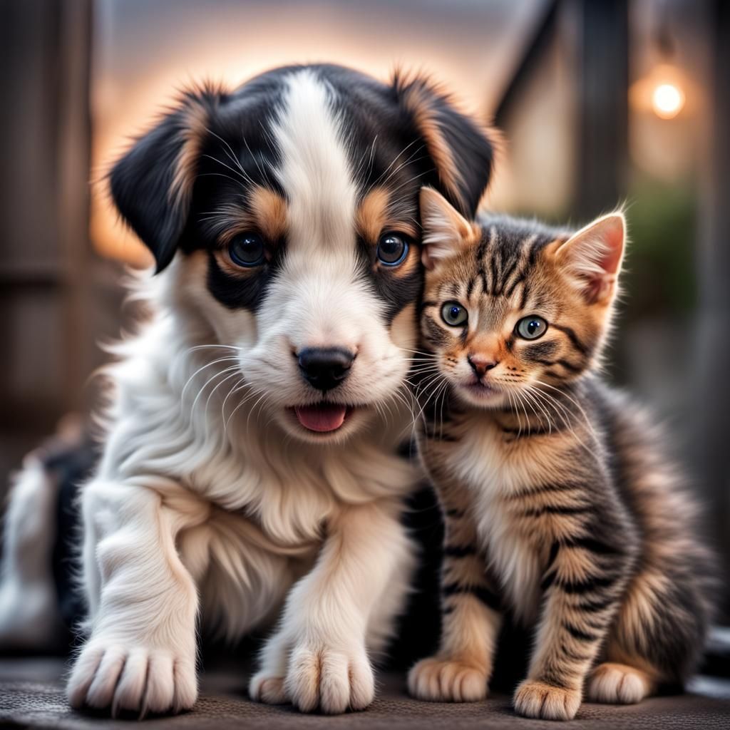 Joyful Friendship Between Puppy and Kitten