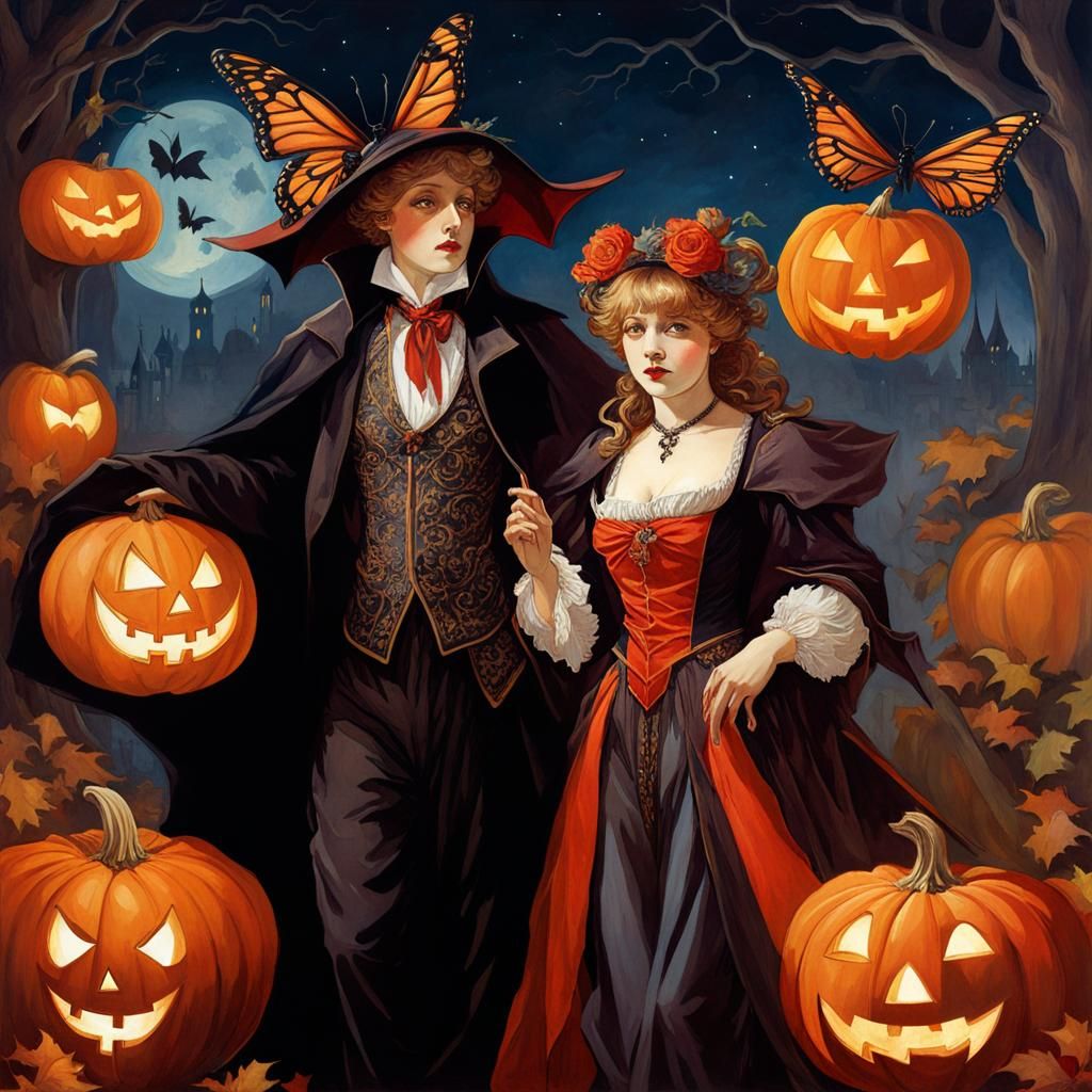 Halloween Night: Vampire and Butterfly, in Gouache Style