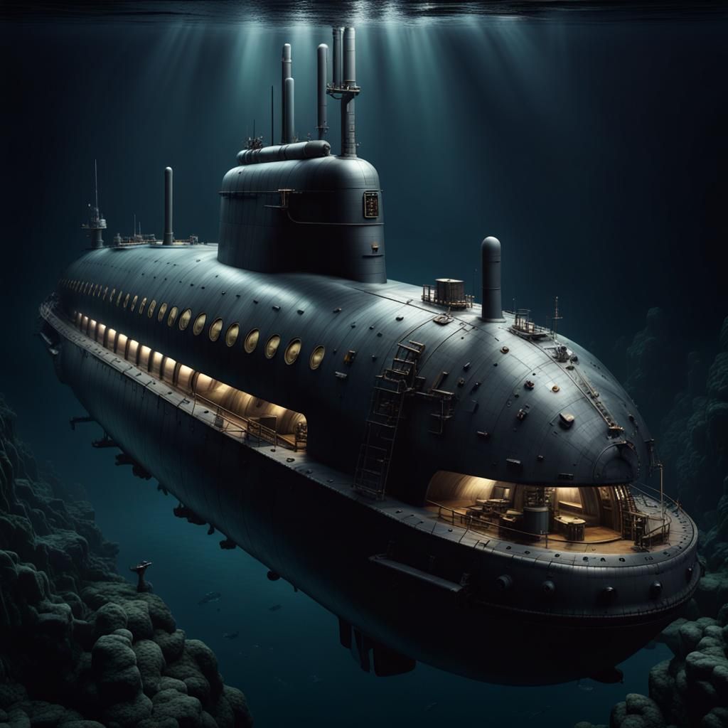 Big submarine in the dark waters of the ocean