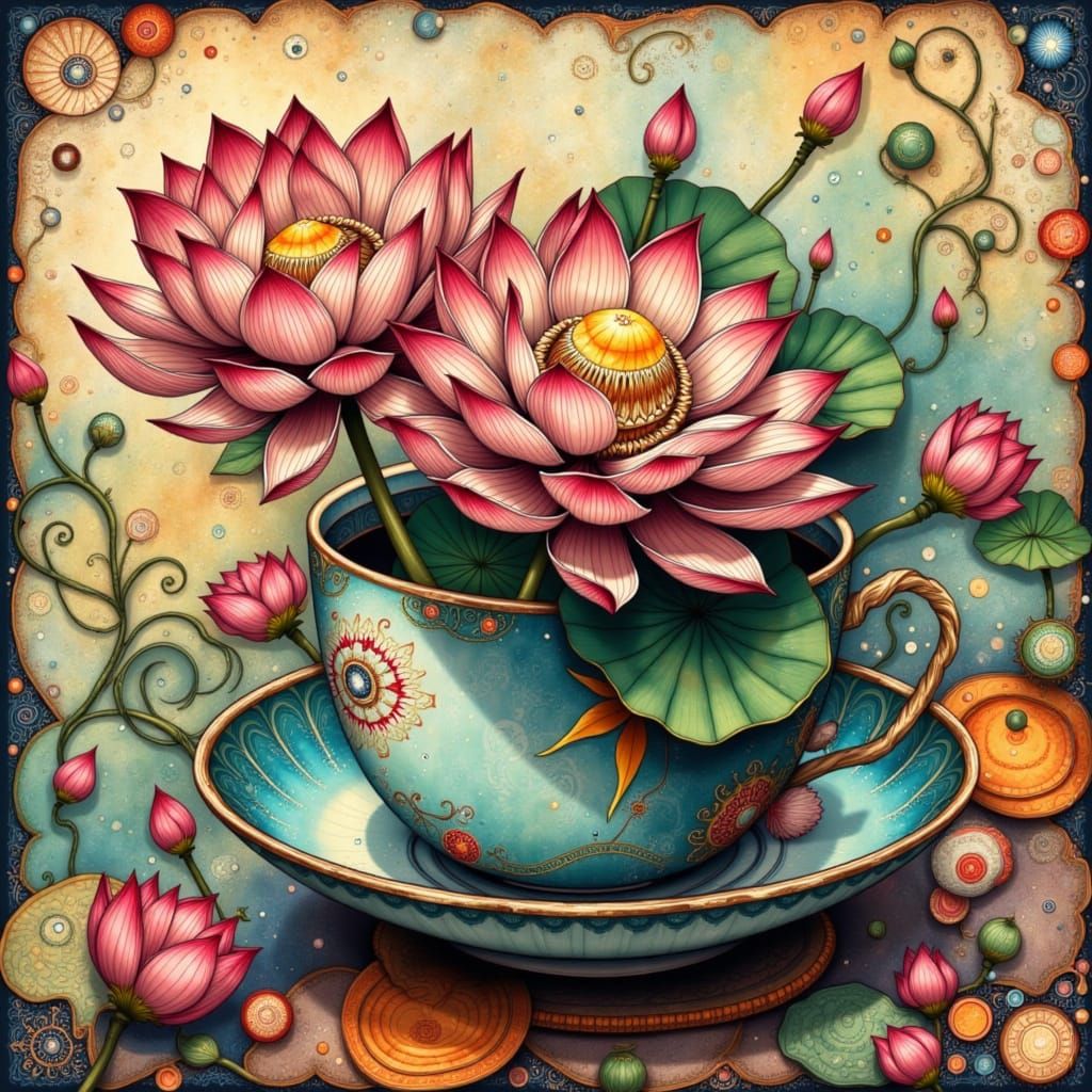 <lora:Fleurs de lotus:1.0> steampunk_artwork : Peinture aux couleurs chaudes d'une fleur de lotus debout dans une tasse ...