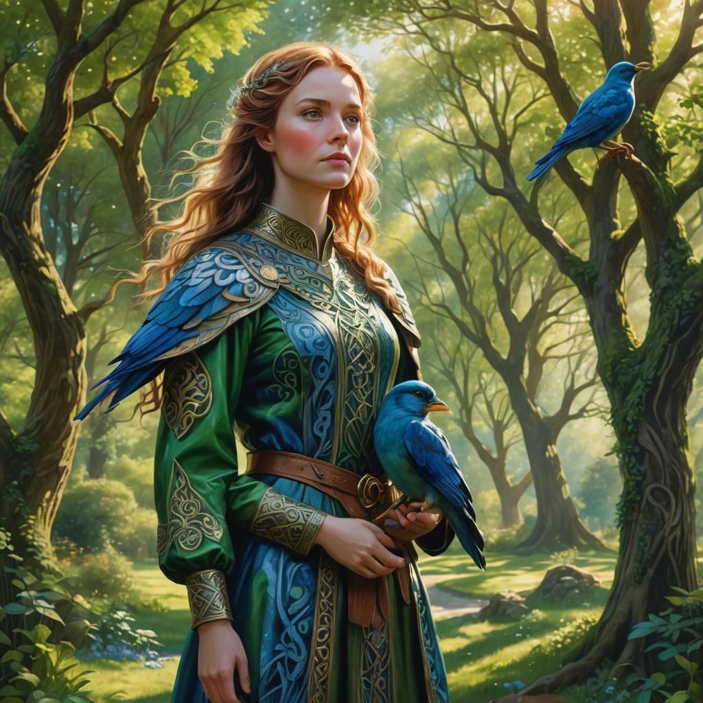 Celtic Woman and Blue Bird in Hyperrealistic Glade