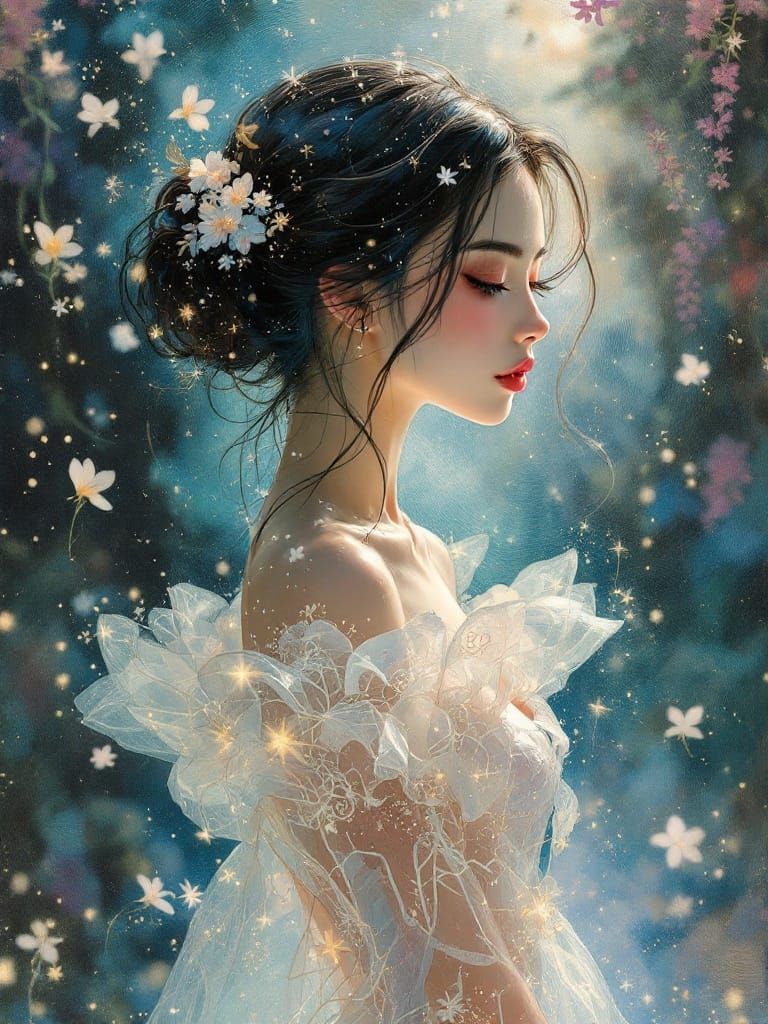 Ethereal Goddess Strolls Through Dreamscapes with Gentle Com...